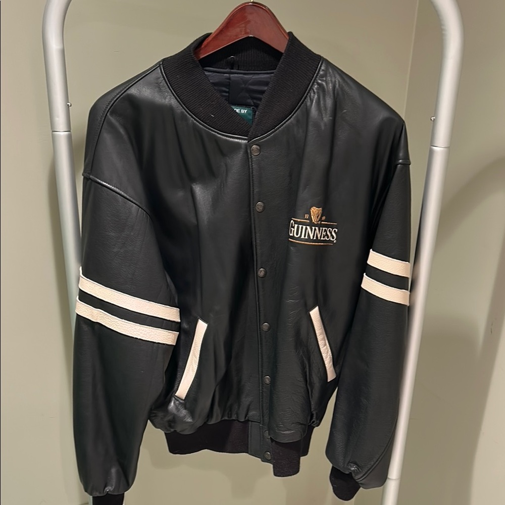 Guinness x Roots Varsity leather Bomber Jacket Black and White size XL
